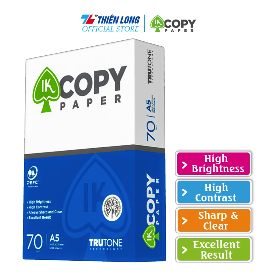 Combo 5 Ream giấy A5 70 gsm IK Copy (500 tờ) - Hàng nhập khẩu Indonesia