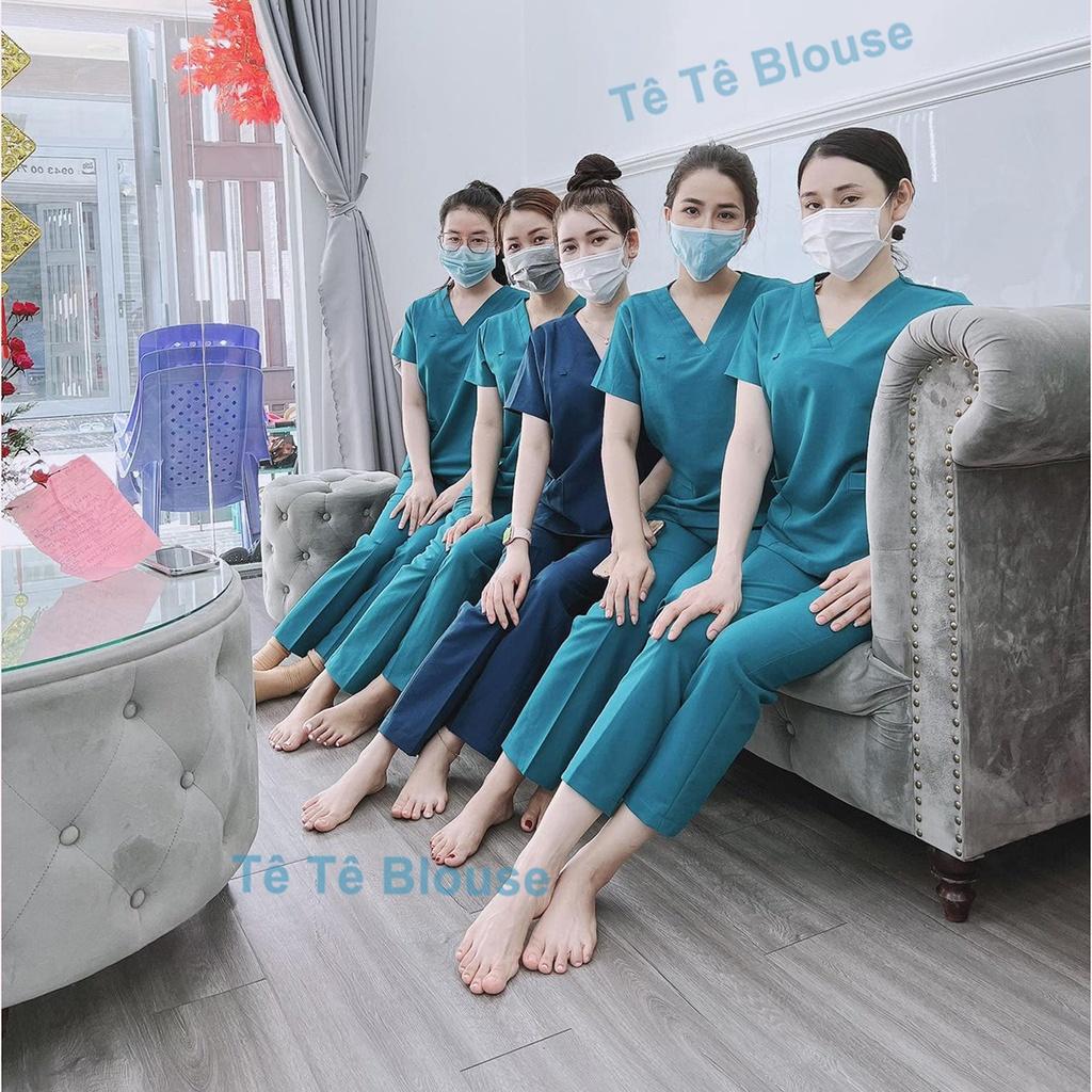 Bộ SCRUBS cổ tim phòng mổ, đồng phục phẫu thuật, Spa, phòng khám, Bác Sĩ, màu XANH NGỌC LÝ vải Thun co giãn Cao cấp