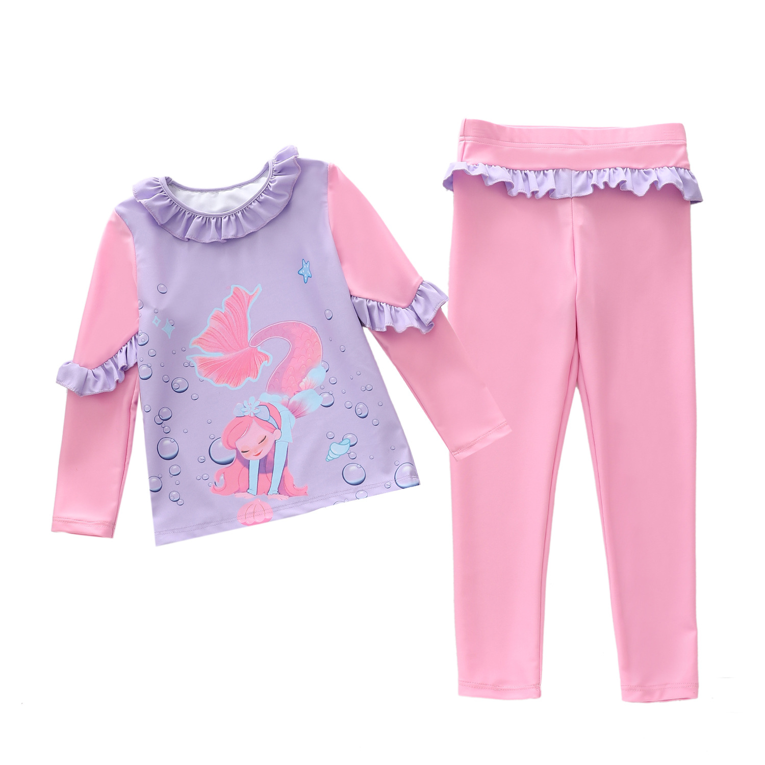 Set đồ bơi 2 chi tiết gồm áo bơi dài tay và quần dài cho bé gái nàng tiên cá tím phối bèo xinh xắn