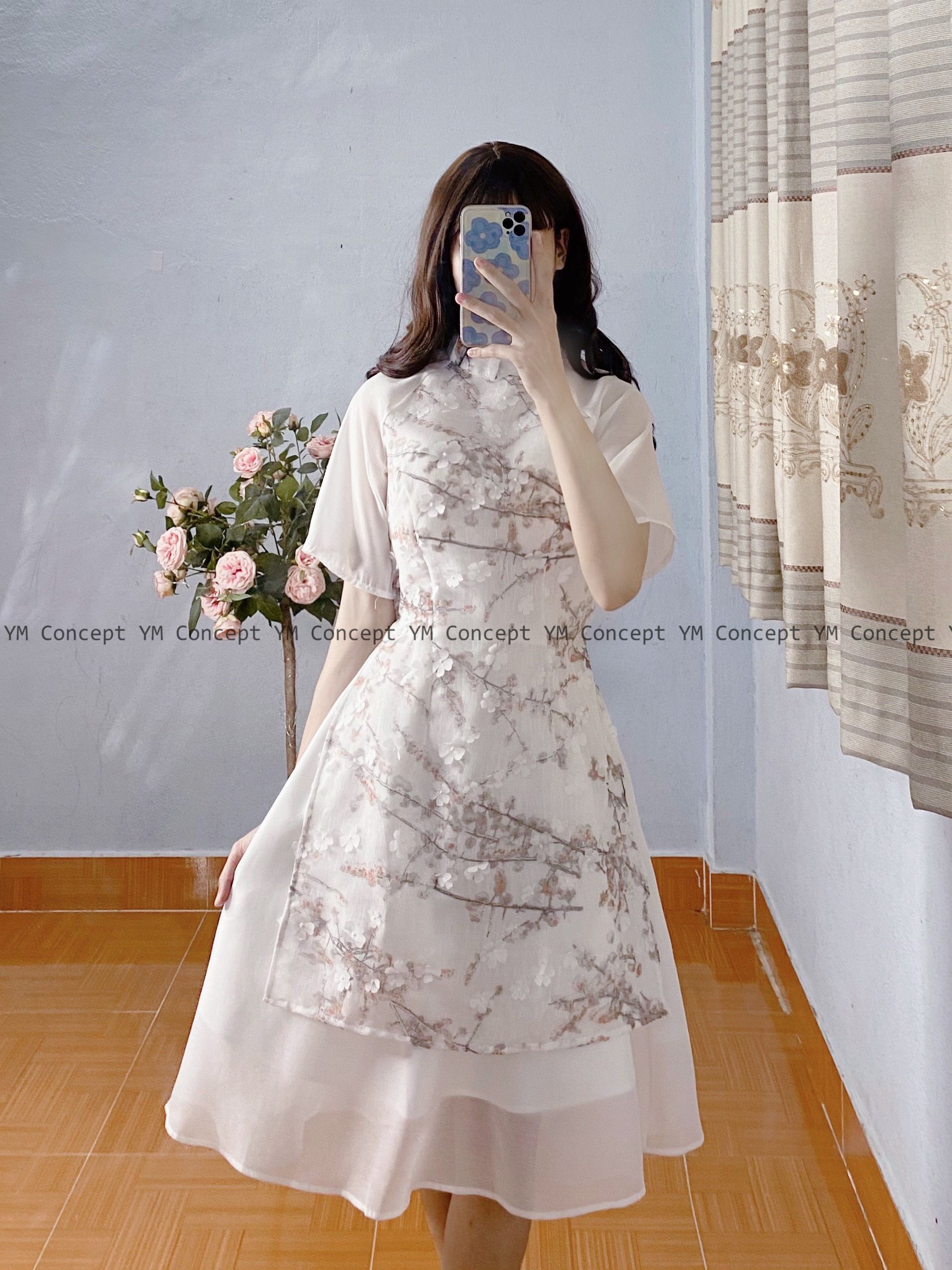Sét áo dài hoa nổi phối voan tay lửng