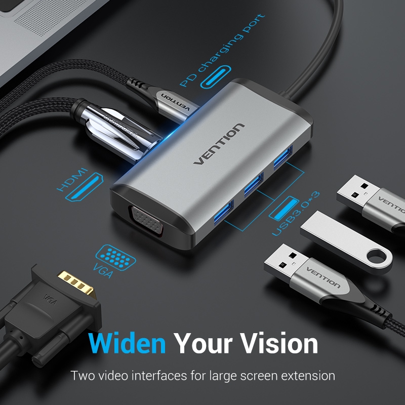 Bộ chuyển đổi Type-C sang VGA + HDMI + 3 cổng USB 3.0 + Sạc Type-C PD 87W Vention TGSHB (6 in 1) - hàng chính hãng