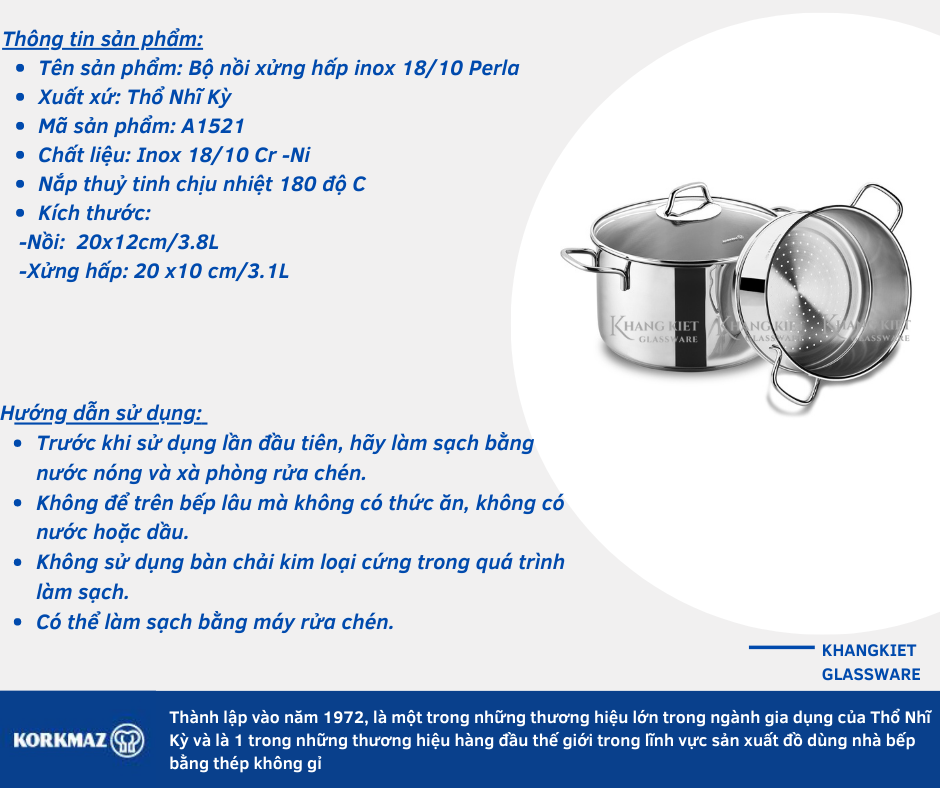 Bộ nồi xửng hấp inox cao cấp 18/10 Perla 20cm, dùng trên bếp từ, nhập khẩu từ Thổ Nhĩ Kỳ, bảo hành 4 năm -A1521