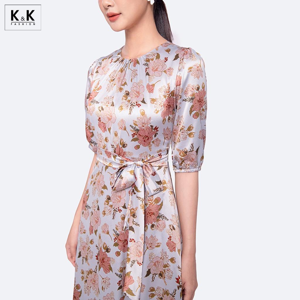 Đầm Lụa Hoa Dáng Xòe Cổ Tròn Tay Lửng K&amp;K Fashion KK119-23 Chất Liệu Lụa