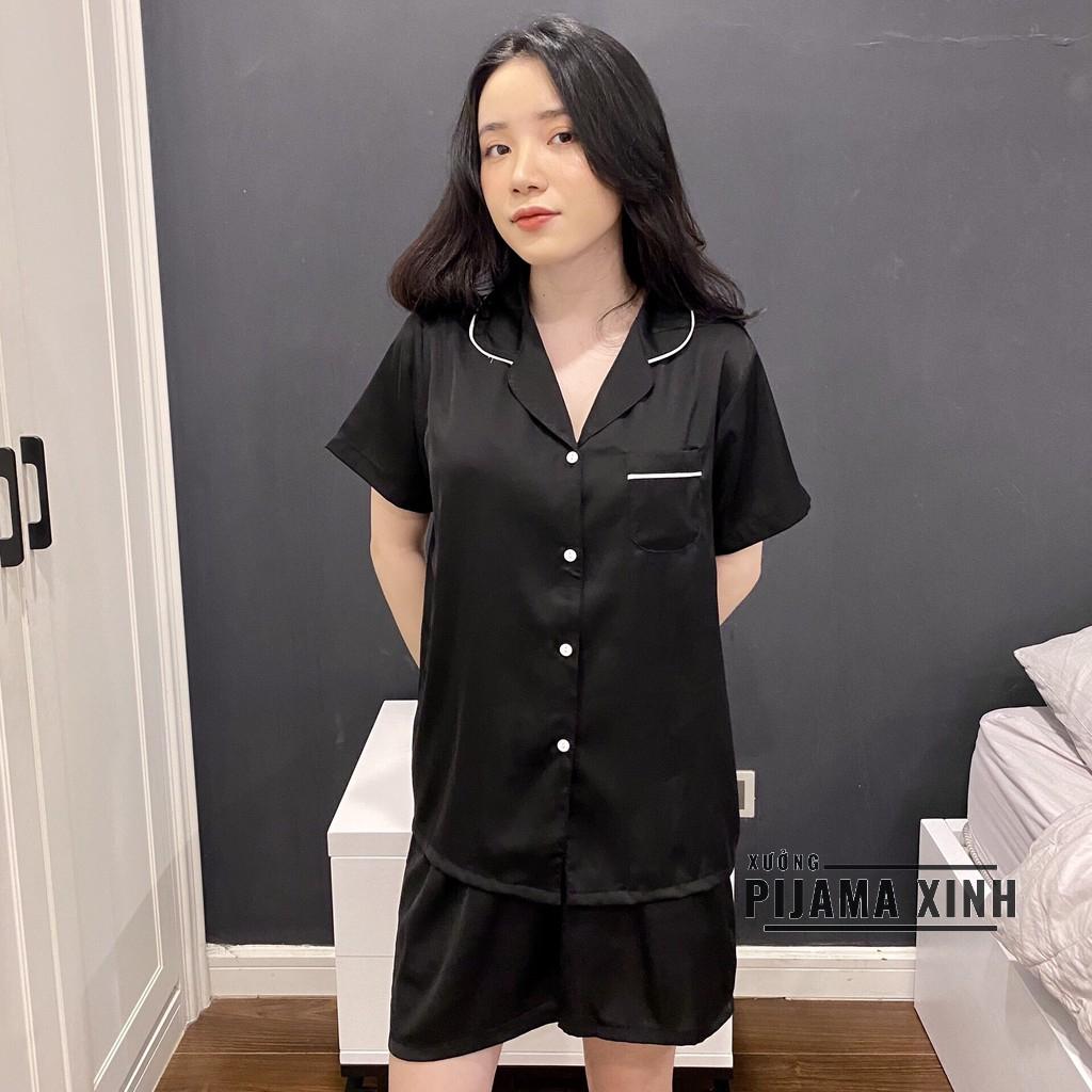 Pyjama lụa trơn - Chất Latin trơn màu đen Cao cấp Chất đẹp Đường may chuẩn, Bộ cộc quần ngắn