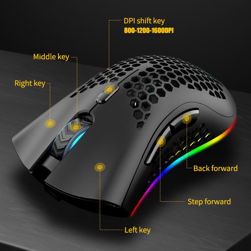 2.4GHz Không Dây Chơi Game 1600 DPI Có Thể Điều Chỉnh RGB Backlit Sạc Chuột Nhẹ Tổ Ong Vỏ Game Thủ Chuột