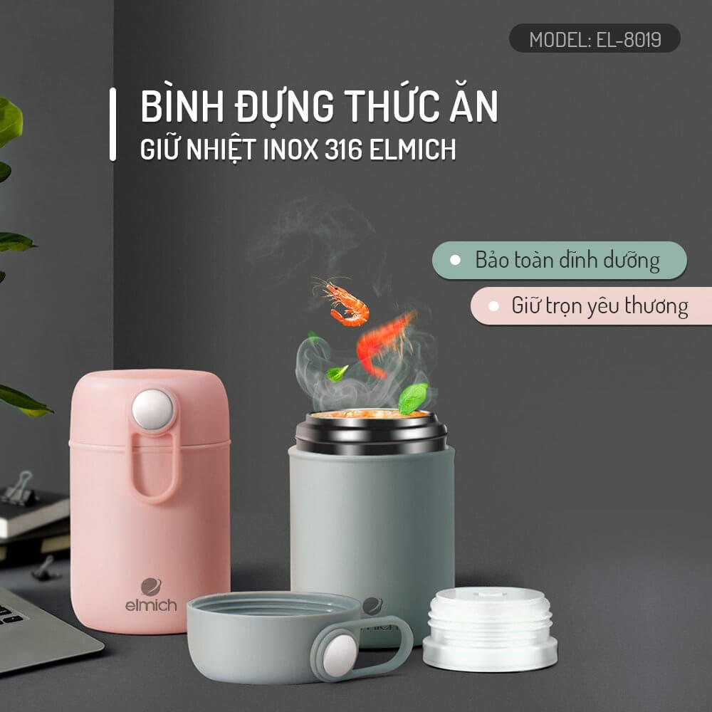 Bình đựng thức ăn giữ nhiệt Elmich EL8017 300ml, EL8018 400ml, EL8019 600ml, Hàng chính hãng, ủ cháo, Inox 316 - JoyMall