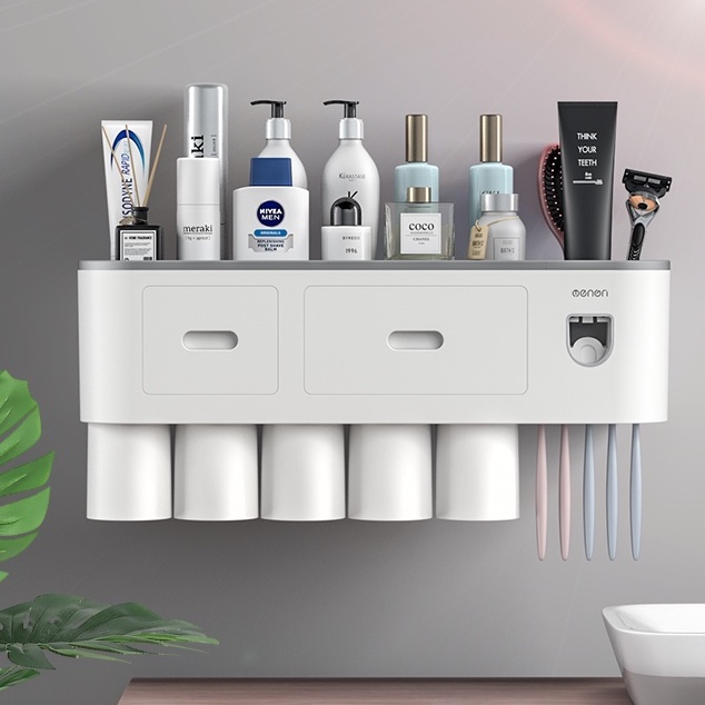 Bộ Nhả Kem Đánh Răng Tự Động, Kệ Để Đồ Phòng Tắm Cao Cấp, Bộ Nhả Kem 4 Cốc Treo Bàn Chải Đánh Răng