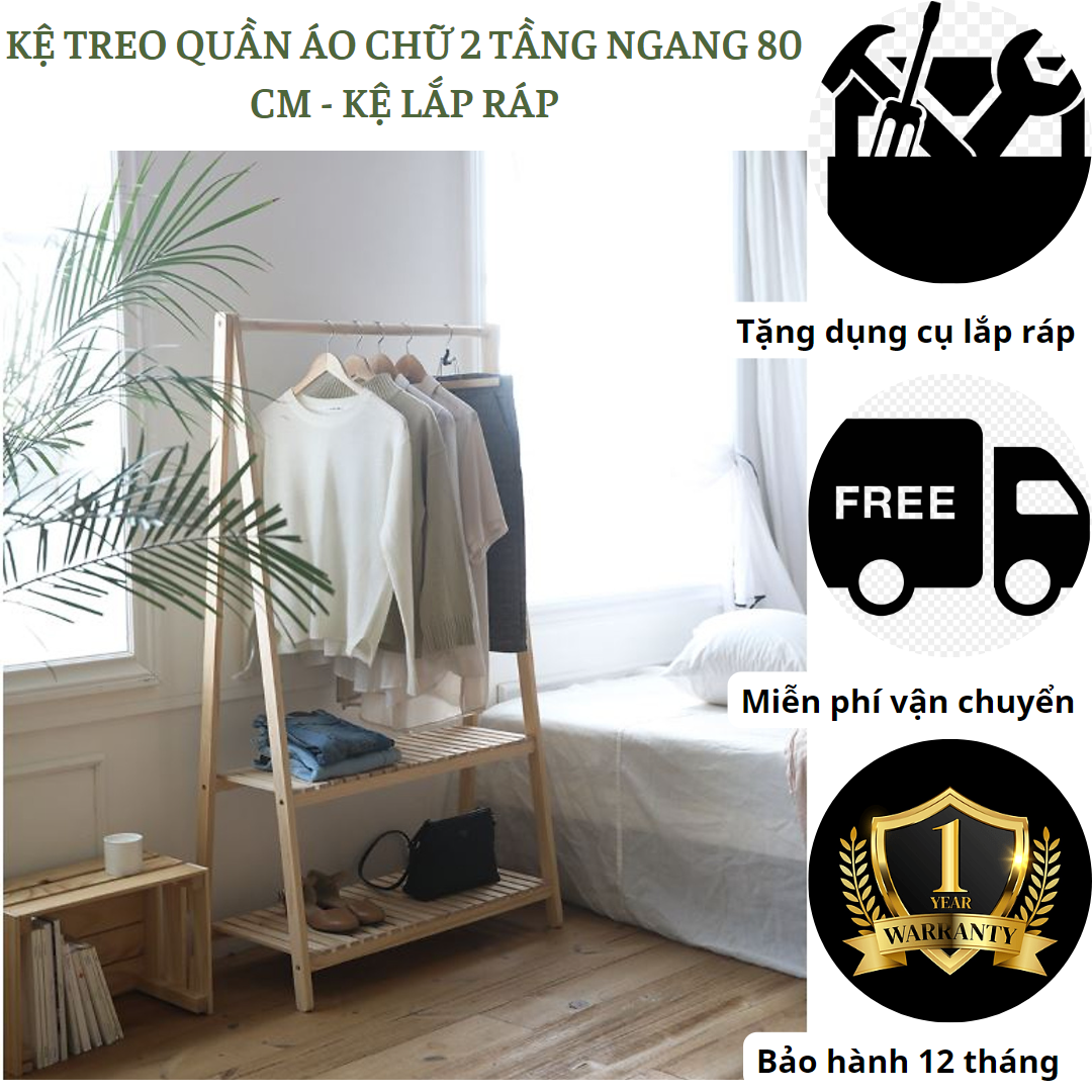 Kệ treo quần áo chữ A 2 tầng ngang 1M bằng gỗ cao su thiên nhiên-giá treo đồ đa năng tiện -an toàn- cứng cáp và chắc chắn