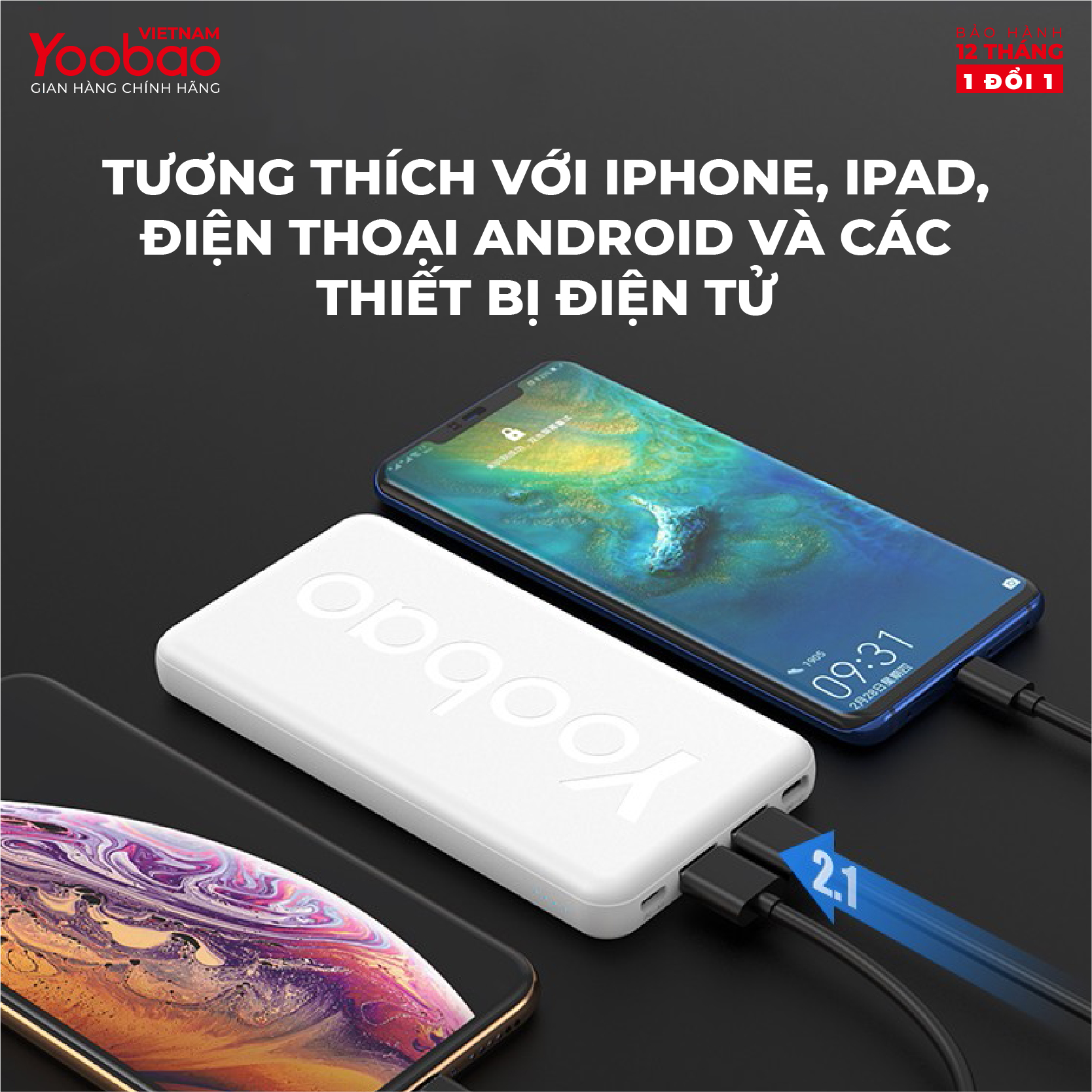 Sạc dự phòng 10000mAh Yoobao P10T Sạc nhanh 2.1A - Hàng phân phối chính hãng