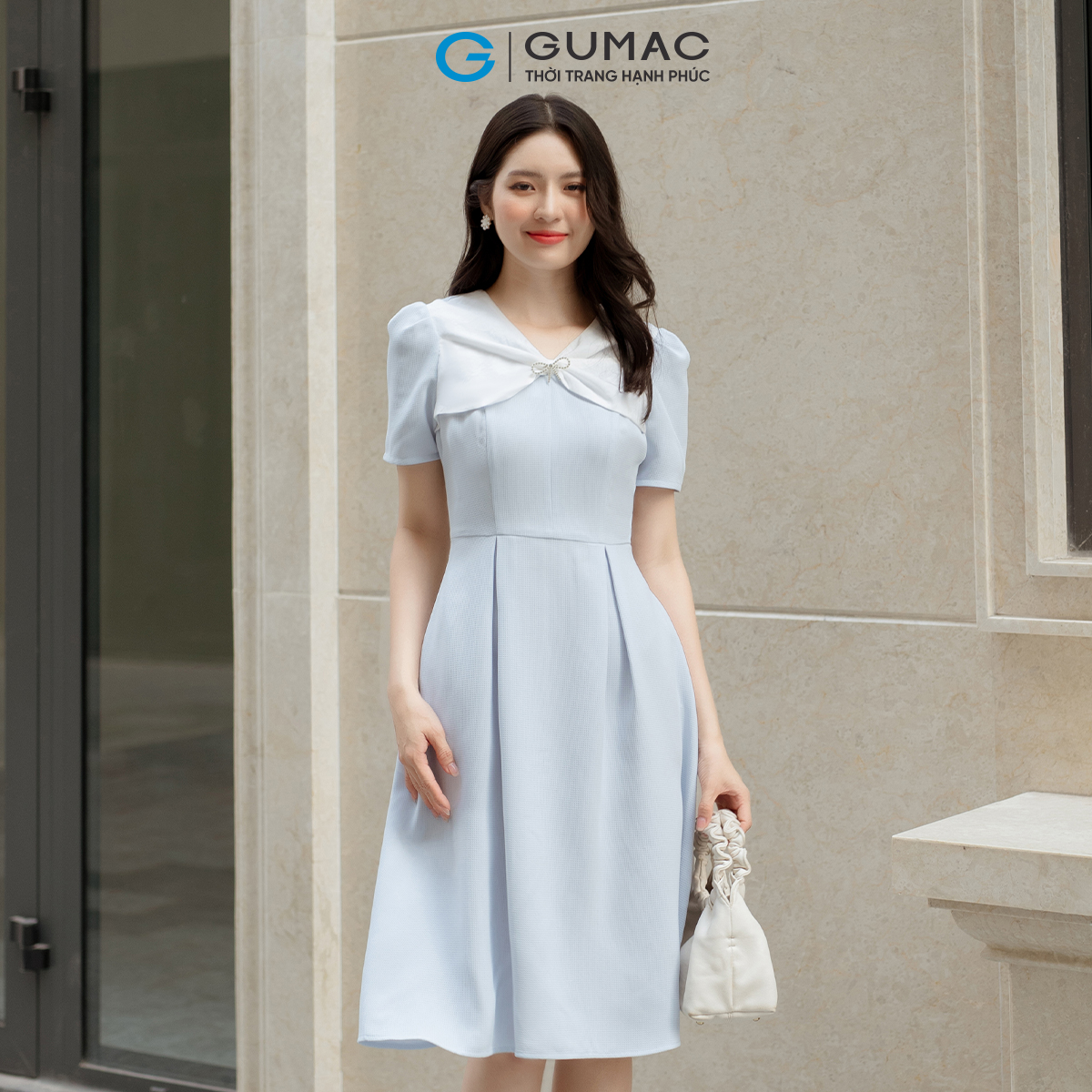 Đầm A cổ phối nơ GUMAC DD05043