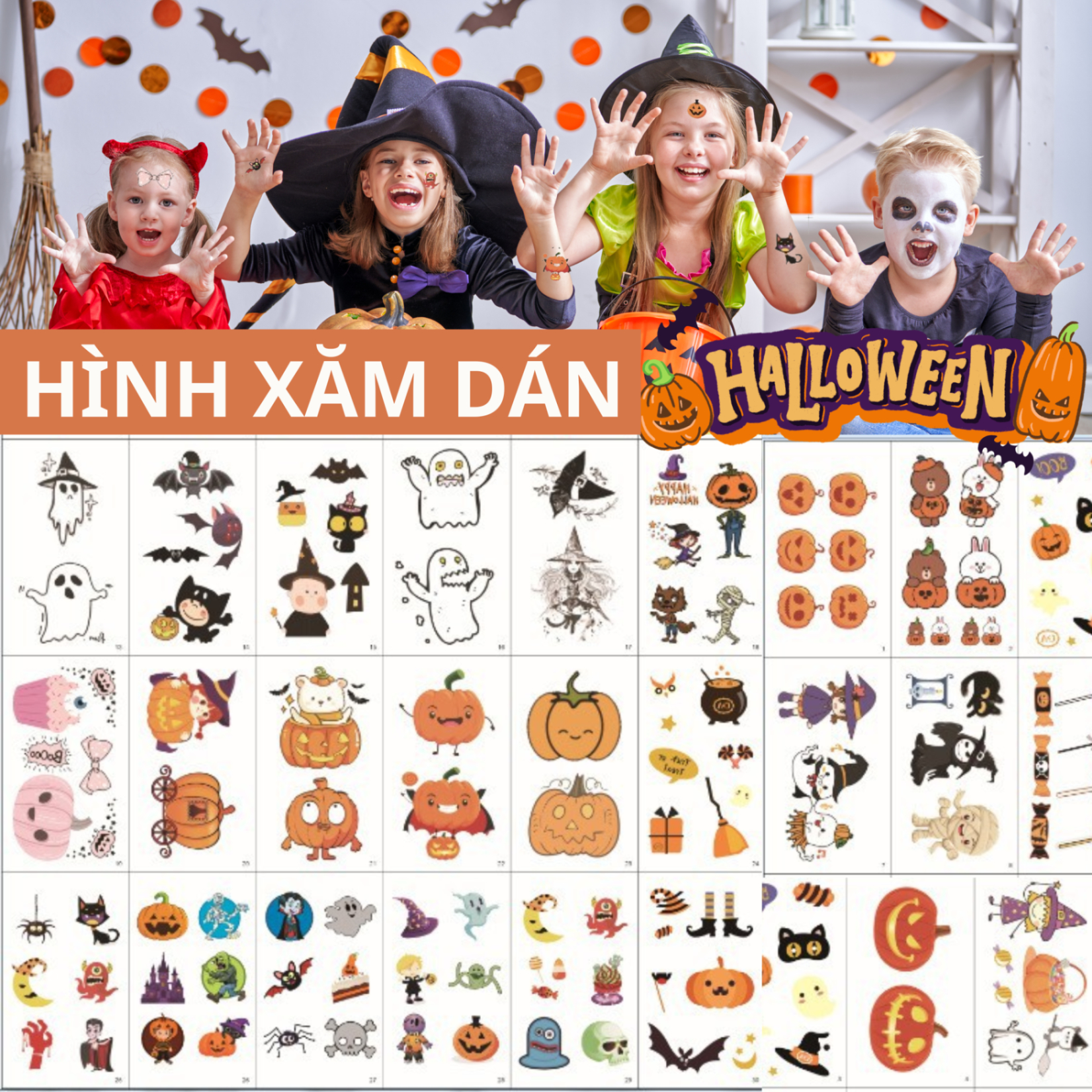 Hình Xăm Miếng Dán Halloween Bí Ngô, Phù Thủy, Bát Kẹo Ma, Dơi Thỏ Mèo Hình Dán Cho Lễ Hội Hoá Trang