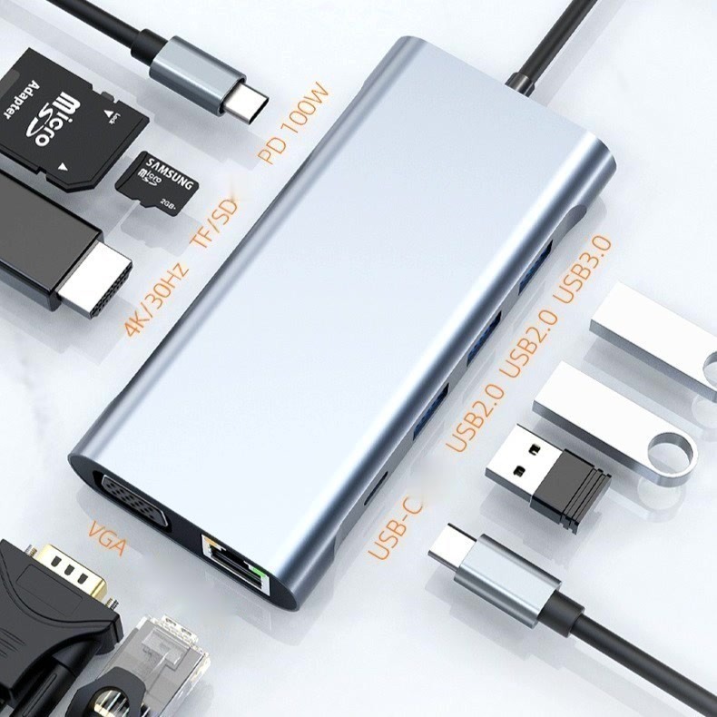 Hub Type-C To HDMI FIRO 10in1 Chuẩn HDTV - Hub Chuyển Đổi Type-C Chia 10 Cổng - 1 Cổng HDMI 4K, 3 Cổng USB 3.0, 2 Khe Đọc Thẻ TF/SD, 2 Cổng Type-C/PD, 1 Cổng VGA, 1 Cổng Mạng Lan - Kết Nối Tốc Độ Cao - Dùng Cho Smartphone/Laptop/PC/Tivi – Hàng Chính Hãng