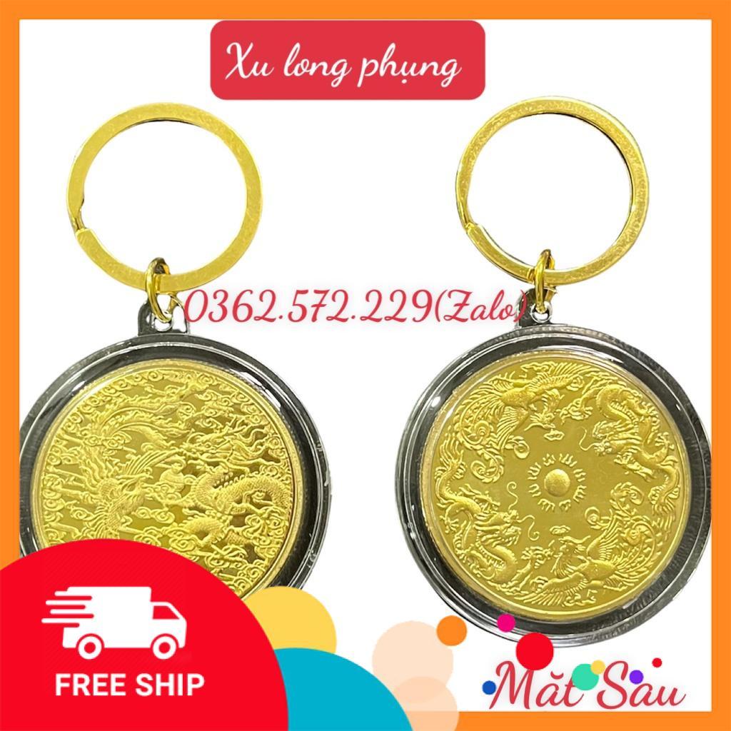 Đồng xu Long Phụng phong thuỷ may mắn tặng hộp nhung ,móc khóa, túi gấm đỏ may mắn tai lộc