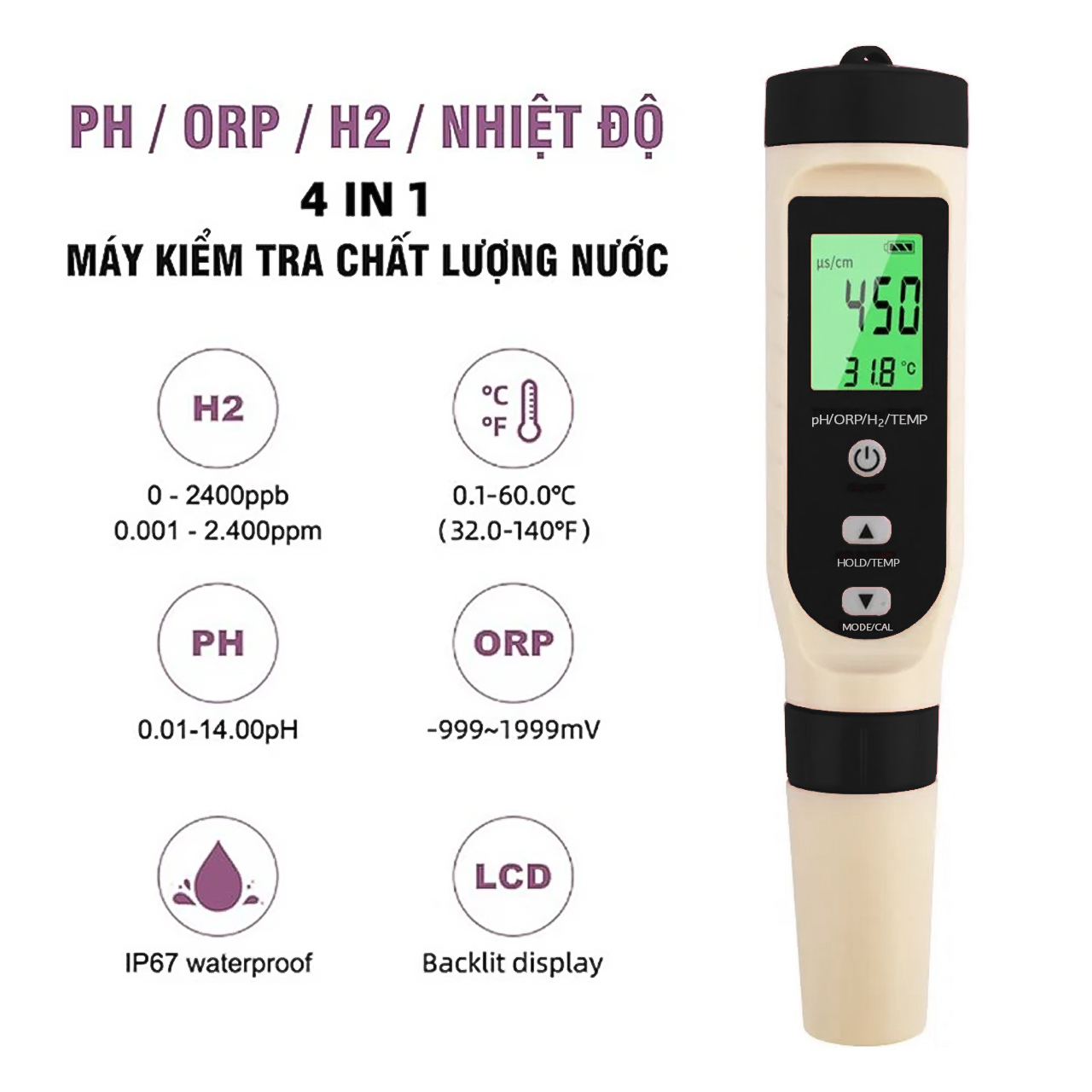 Bút thử nước 4 trong 1 bút đo nồng độ PH H2 Hydro ORP chuyên dụng hiển thị 4 chế độ - hàng chính hãng