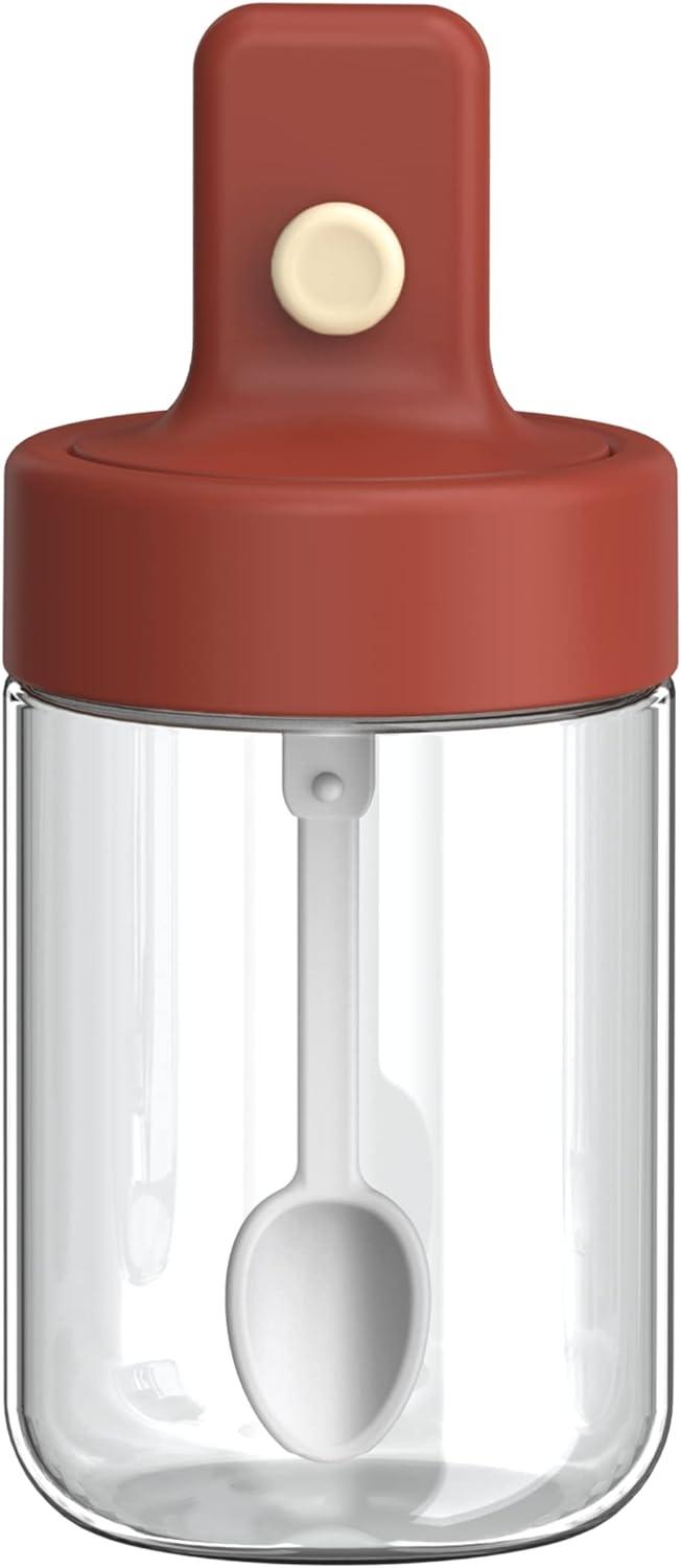 Bát đường nhỏ bằng thủy tinh có nắp và muỗng hộp đựng muối tiêu （260ml) màu đỏ