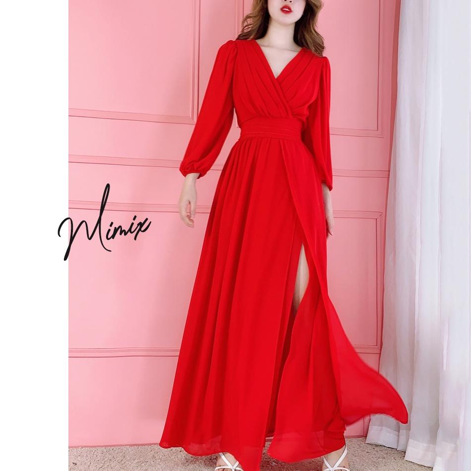 Đầm maxi xòe 3 lớp xẻ tà bo eo MIMIX BA2230