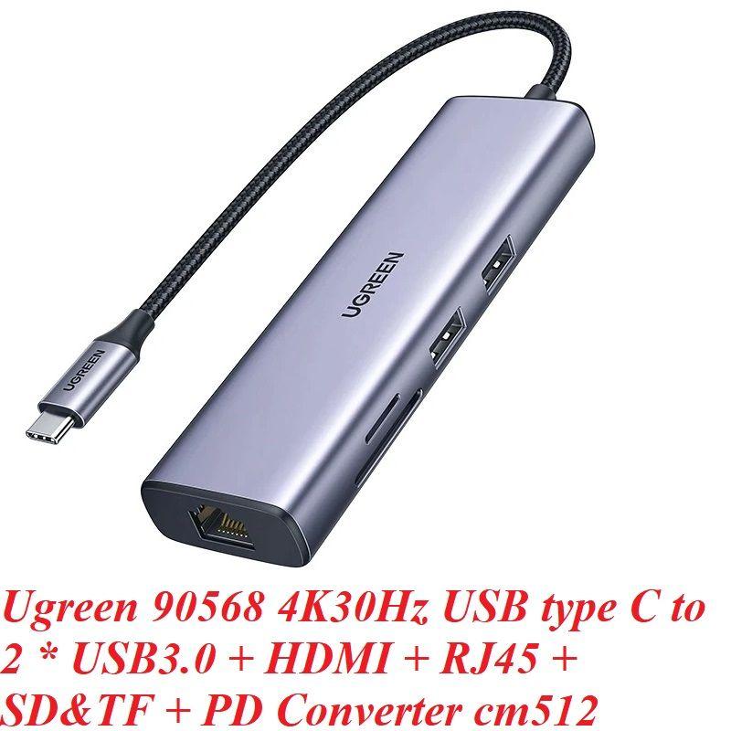 Ugreen UG90568CM512TK 4K30Hz Bộ chuyển 7in1 USB type C sang 2*USB3.0 + HDMI + RJ45 + SD &amp; TF + PD Converter - HÀNG CHÍNH HÃNG