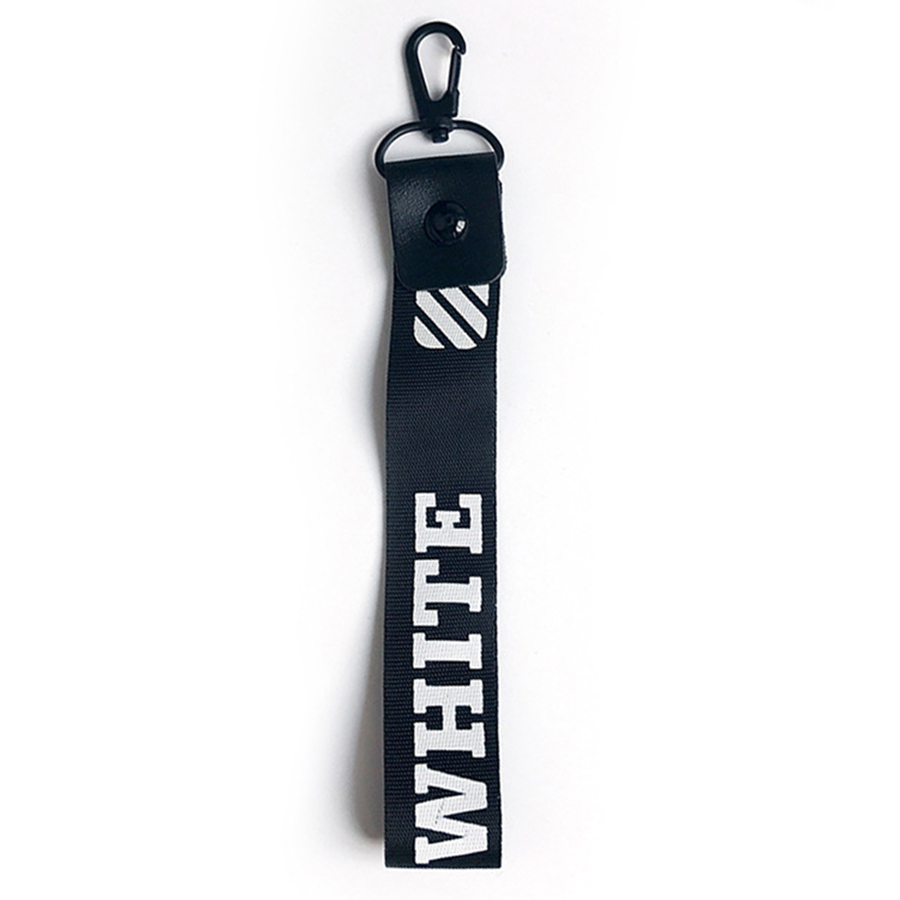 Móc khóa dây Strap dây vải chữ WHITE - đen