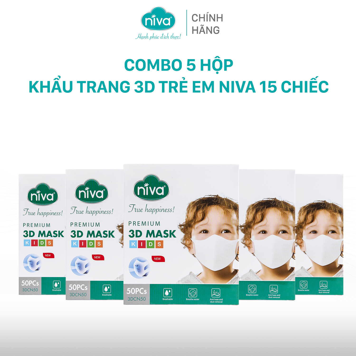 Combo 5 Khẩu Trang 3D Trẻ Em Niva Hộp 15 Cái Cấu Trúc 3 Lớp Ngăn Bụi Mịn Kháng Khuẩn Hàng Chính Hãng Cao Cấp Cho Bé Từ 1-6 Tuổi