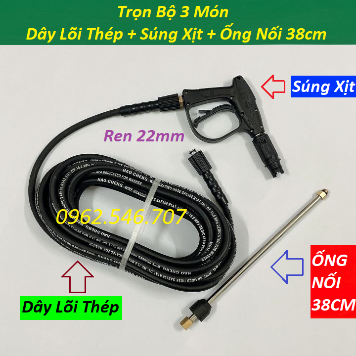 Bộ 10m,15m,20m dây rửa xe lõi thép và súng xịt rửa xe áp lực cao kiểu dài - REN 22mm- ( chọn bộ như hình )