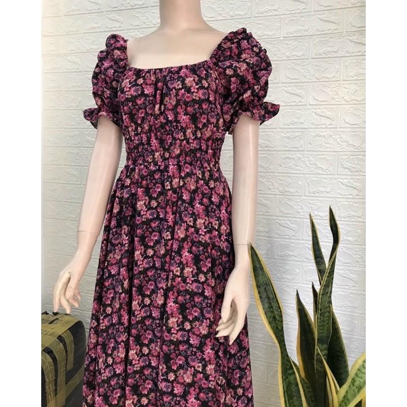 ĐẦM XOÈ HOA TÍM TAY PHỒNG NHÚN THUN