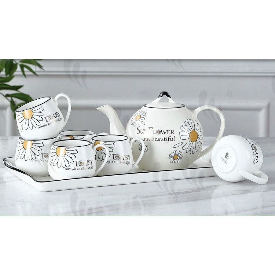 BỘ ẤM PHA TRÀ KÈM KHAY SỨ CAMELIA DÁNG TRÒN HỌA TIẾT HOA CÚC XINH XẮN - ANTH423