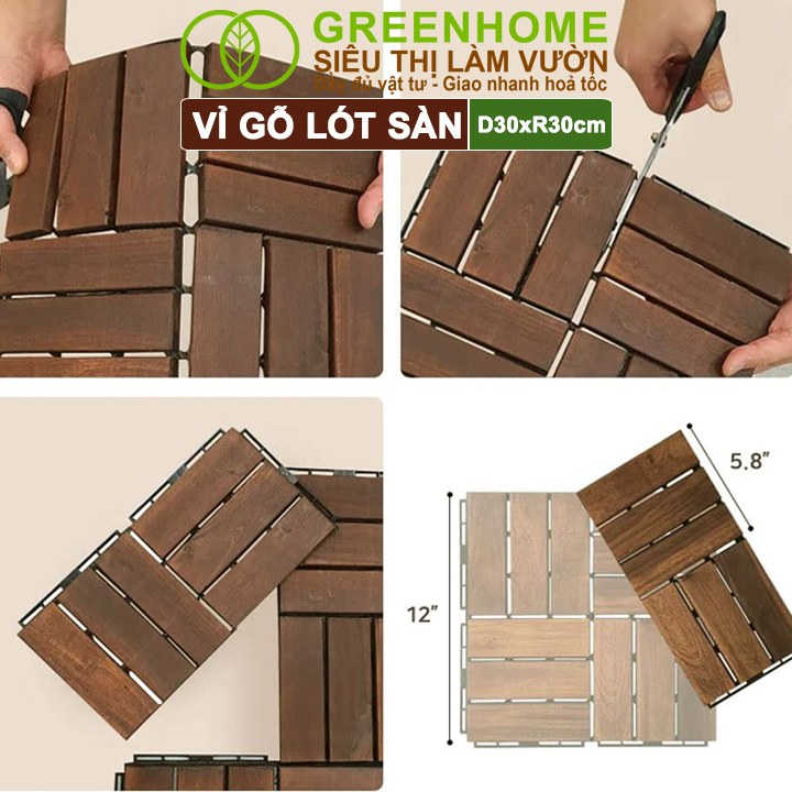 10 Vỉ Gỗ Lót Sàn Greenhome, D30xR30cm, Dễ Lắp Đặt, Thoát Nước Tốt, Trang Trí Ban Công, Sân Vườn