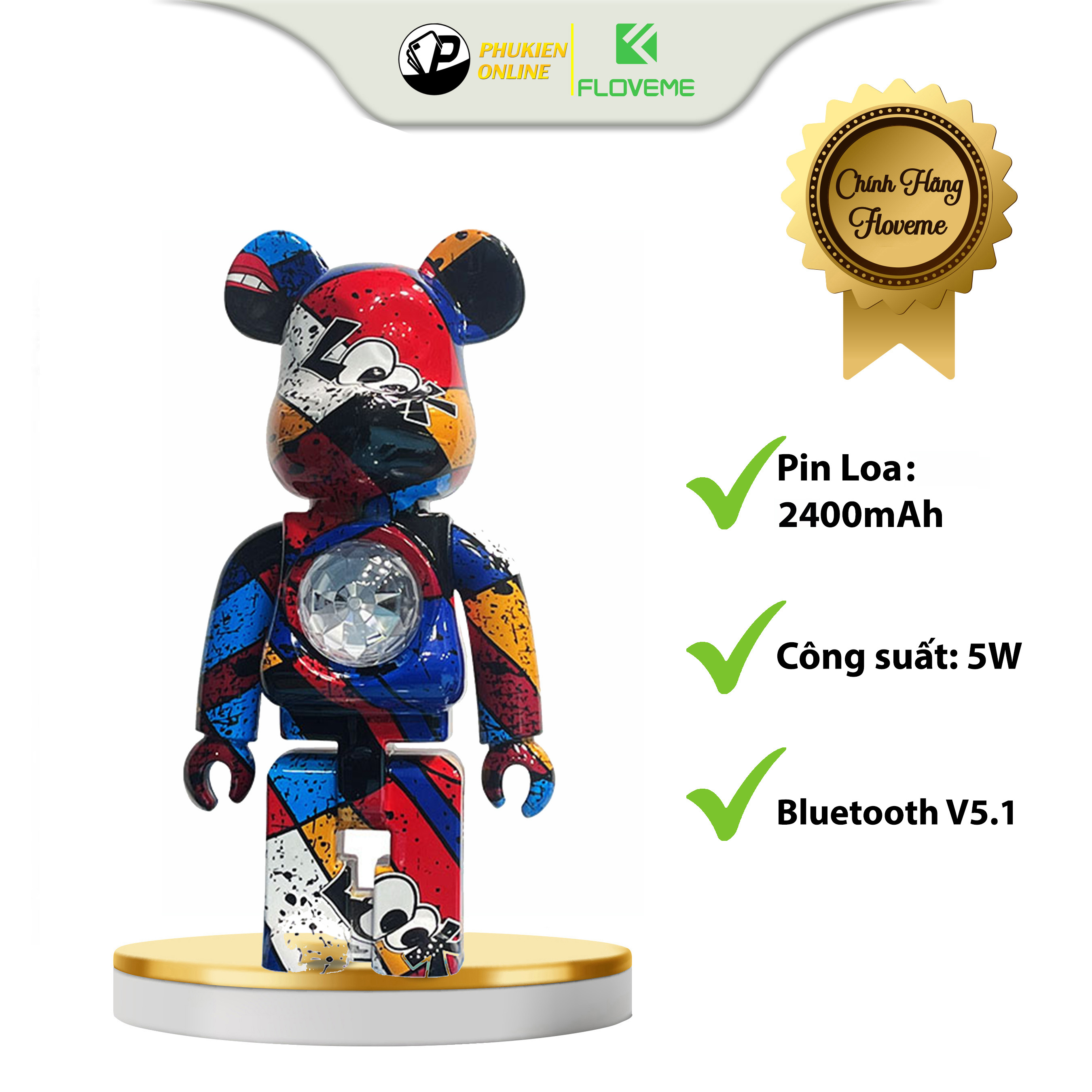 Loa Bluetooth Gấu Bearbrick Đèn Led Floveme Shen Lian, Nhỏ Gọn, Âm Thanh To Rõ Nét, Pin Dùng 3 - 5h , Decor Bàn Làm Việc - Hàng Chính Hãng