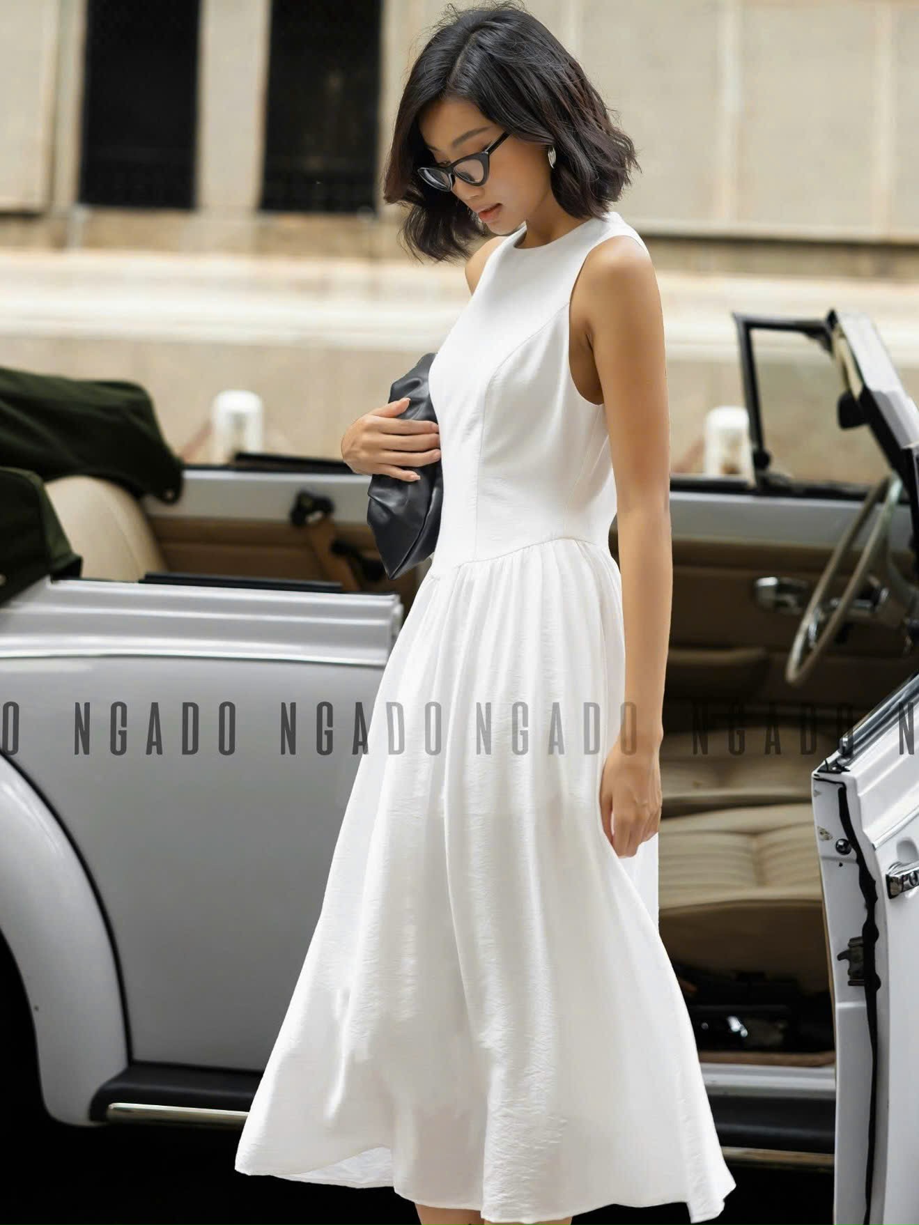 Đầm trắng xoè cổ tròn sát nách NGADO , đầm nữ , Đầm xòe nữ sát nách