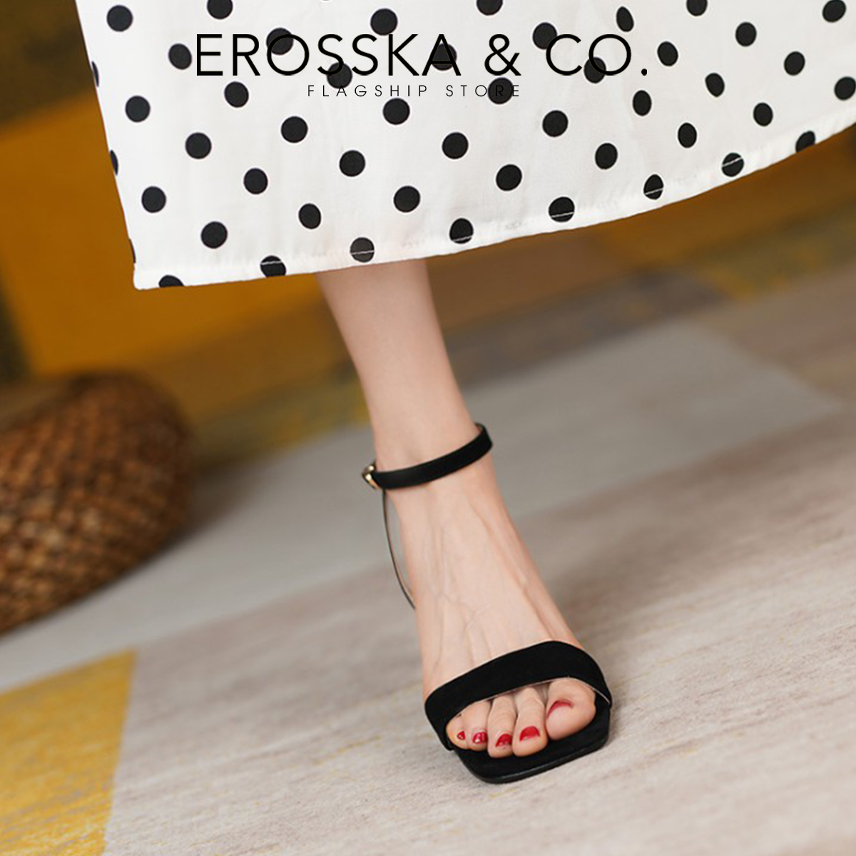 Erosska - Sandal cao gót mũi hở đế vuông phối dây quai mảnh cao 7cm - EB055