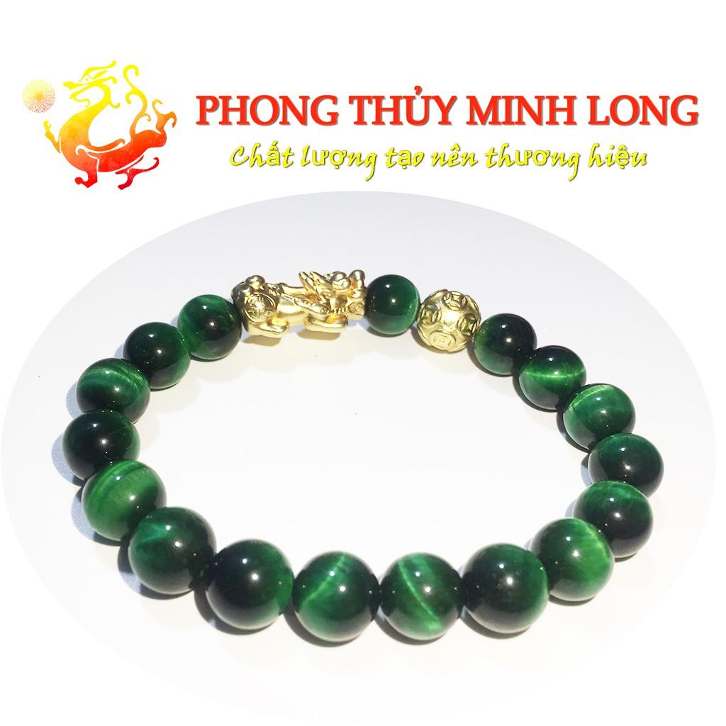 Vòng tay đá Mắt Hổ Xanh Lá chất lượng 5A mix Tỳ Hưu và 1 hạt kim tiền Vàng hợp mệnh Mộc và Mệnh Hỏa