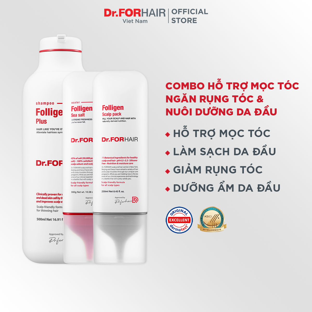 Bộ gội xả mini giúp sạch gàu giảm rụng và suôn mượt tóc Dr.FORHAIR Folligen Plus 500ml x Scalp Pack 250ml x Sea Salt Scaler 300g