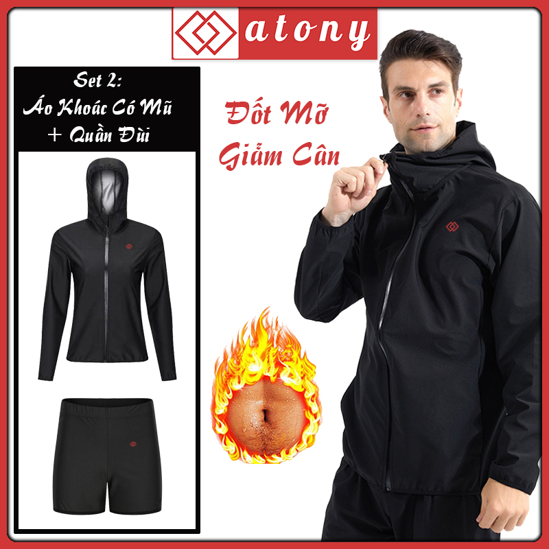 Bộ Quần Áo Ép Cân Nam ATONY Cao Cấp, Tăng Tốc Đổ Mồ Hôi, Sinh Nhiệt, Tráng Nano Bạc Nhật Bản (Áo Khoác Có Mũ + Quần Đùi)