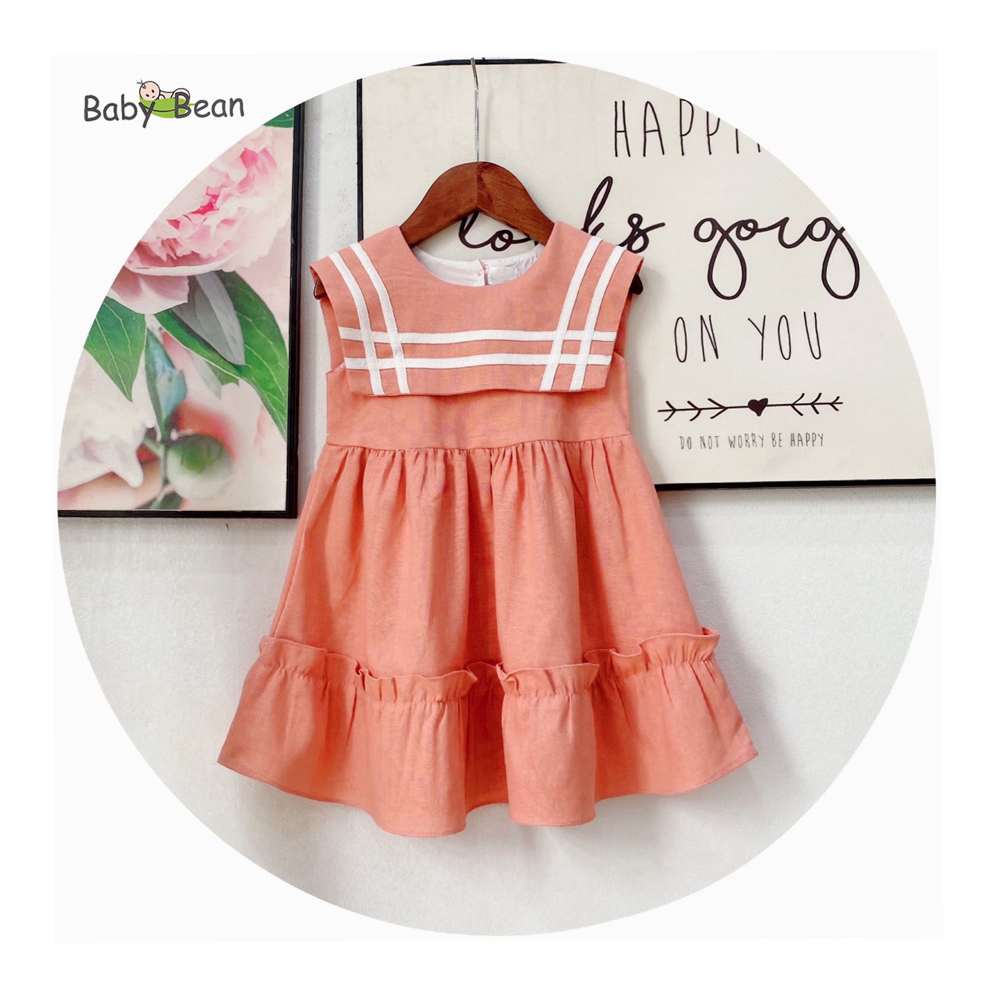 Váy Đầm Linen Cao Cấp Bèo Lai Cổ Thủy Thủ Bé Gái BabyBean