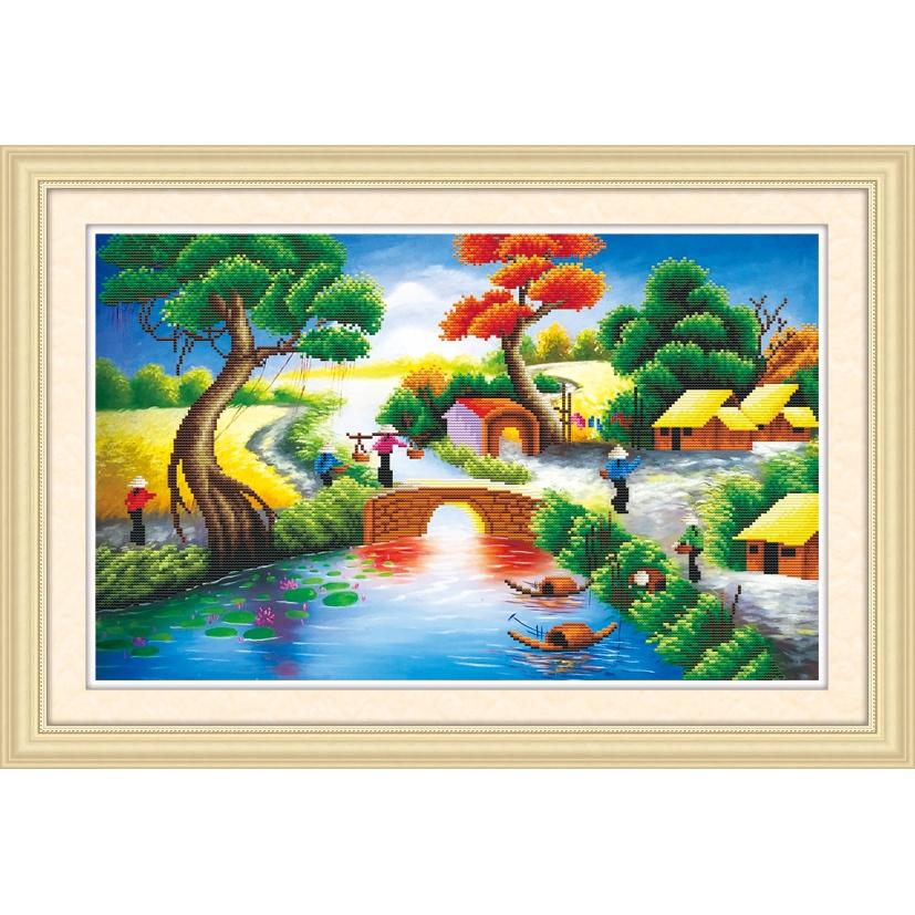 Tranh thêu chữ thập, tranh thêu kín Phong cảnh làng quê AL51405, kích thước 68 x 42 cm