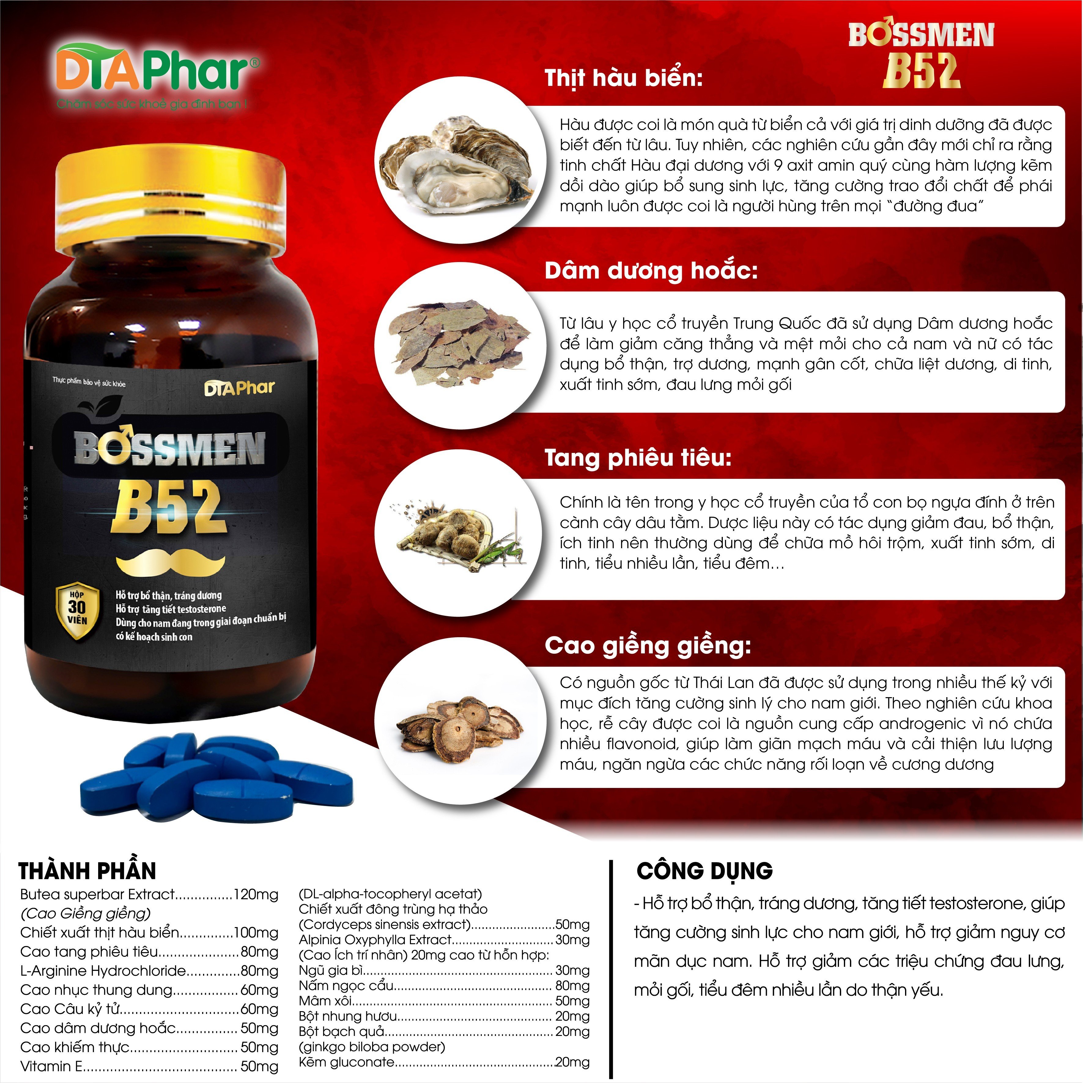 BOSS MEN B52 TĂNG CƯỜNG SINH LÝ NAM BỔ THẬN TRÁNG DƯƠNG NGUYÊN LIỆU NHẬP KHẨU HỘP CỨNG 30 VIÊN - TÂM AN PHARMA