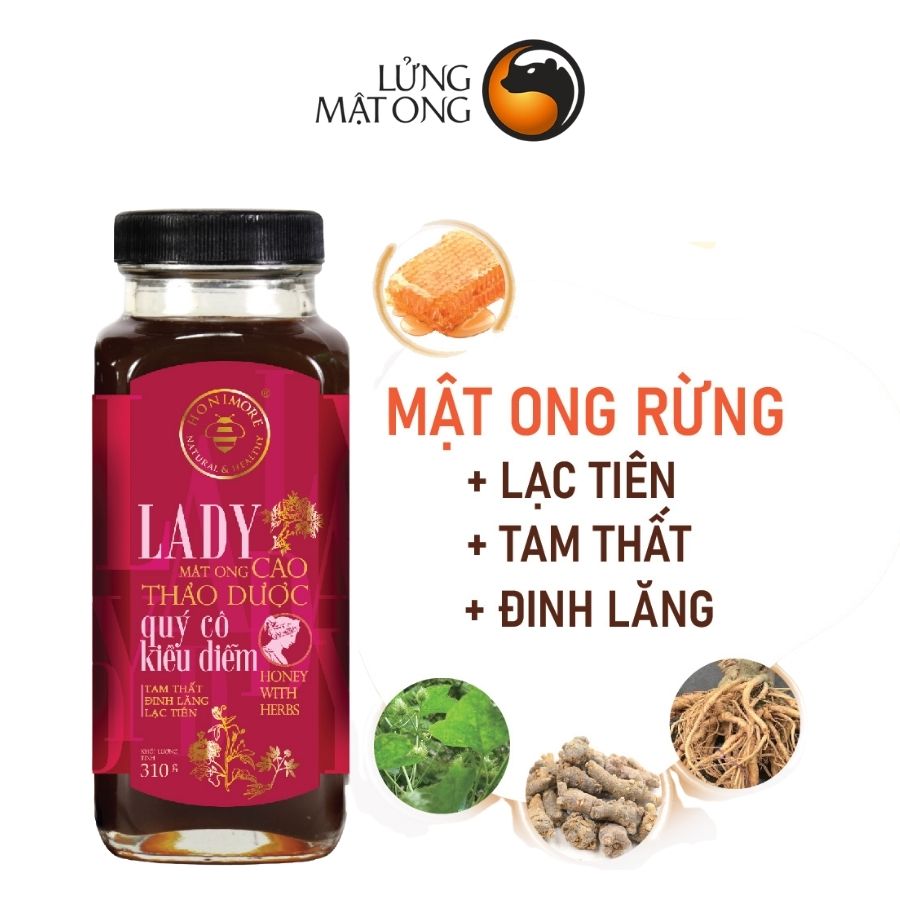 Mật ong thượng hạng - cao thảo dược Lady Honimore - dành cho Phụ nữ 
(Mật ong rừng bổ sung cao Tam Thất, cao Lạc Tiên, cao Đinh Lăng)