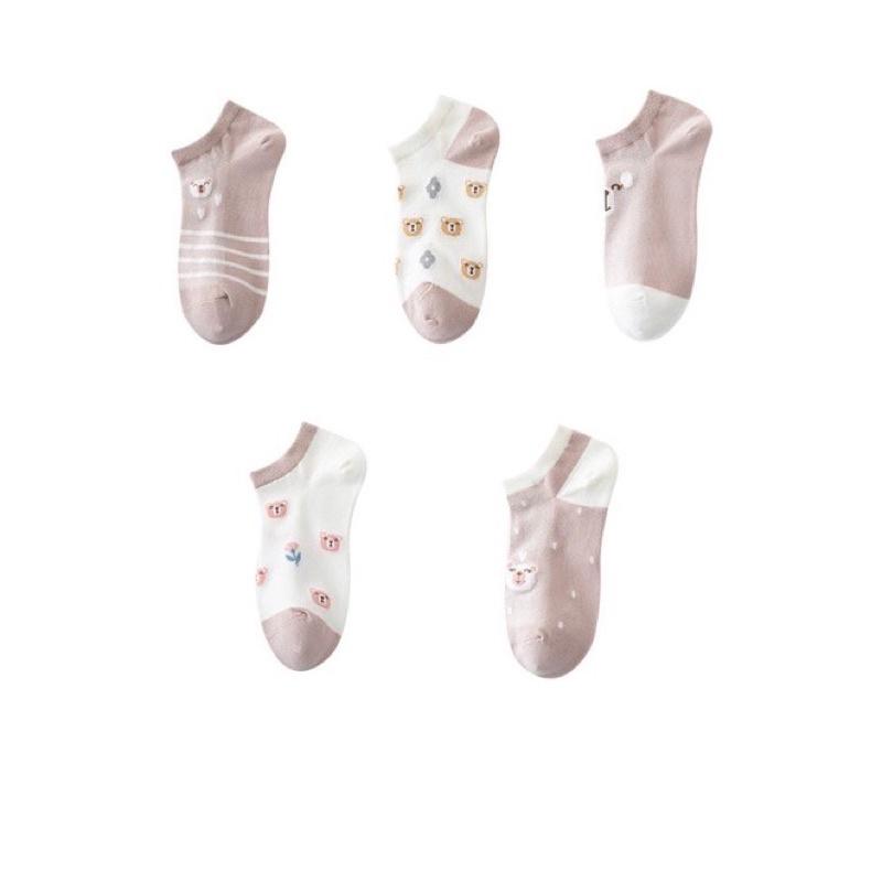 SET 10 ĐÔI TẤT VỚ CỔ THẤP NỮ COTTON HOẠ TIẾT CHÚ GẤU NÂU MÀU TÍM CUTE
