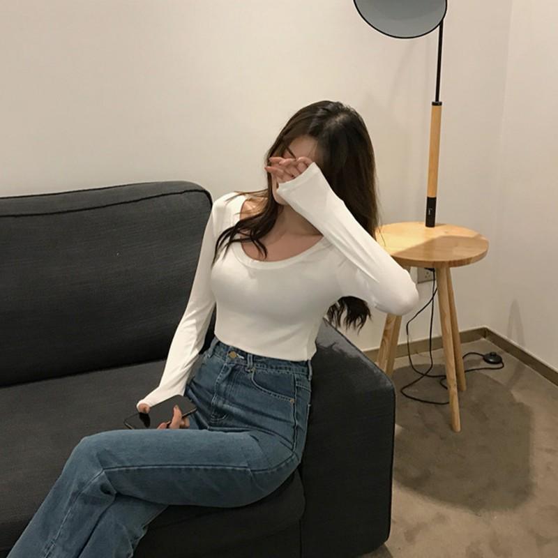 Áo thun thời trang nữ tay dài cổ chữ U màu trơn