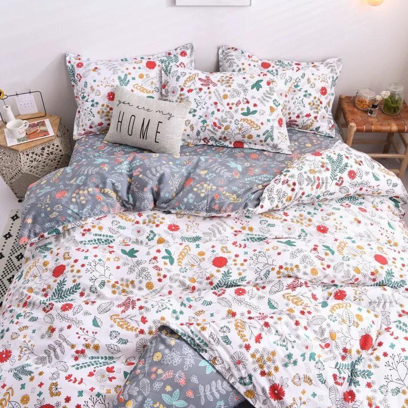 Set ga gối chăn mùa hè cottong poly 4 món hàng nhập khẩu họa tiết Hoa lá