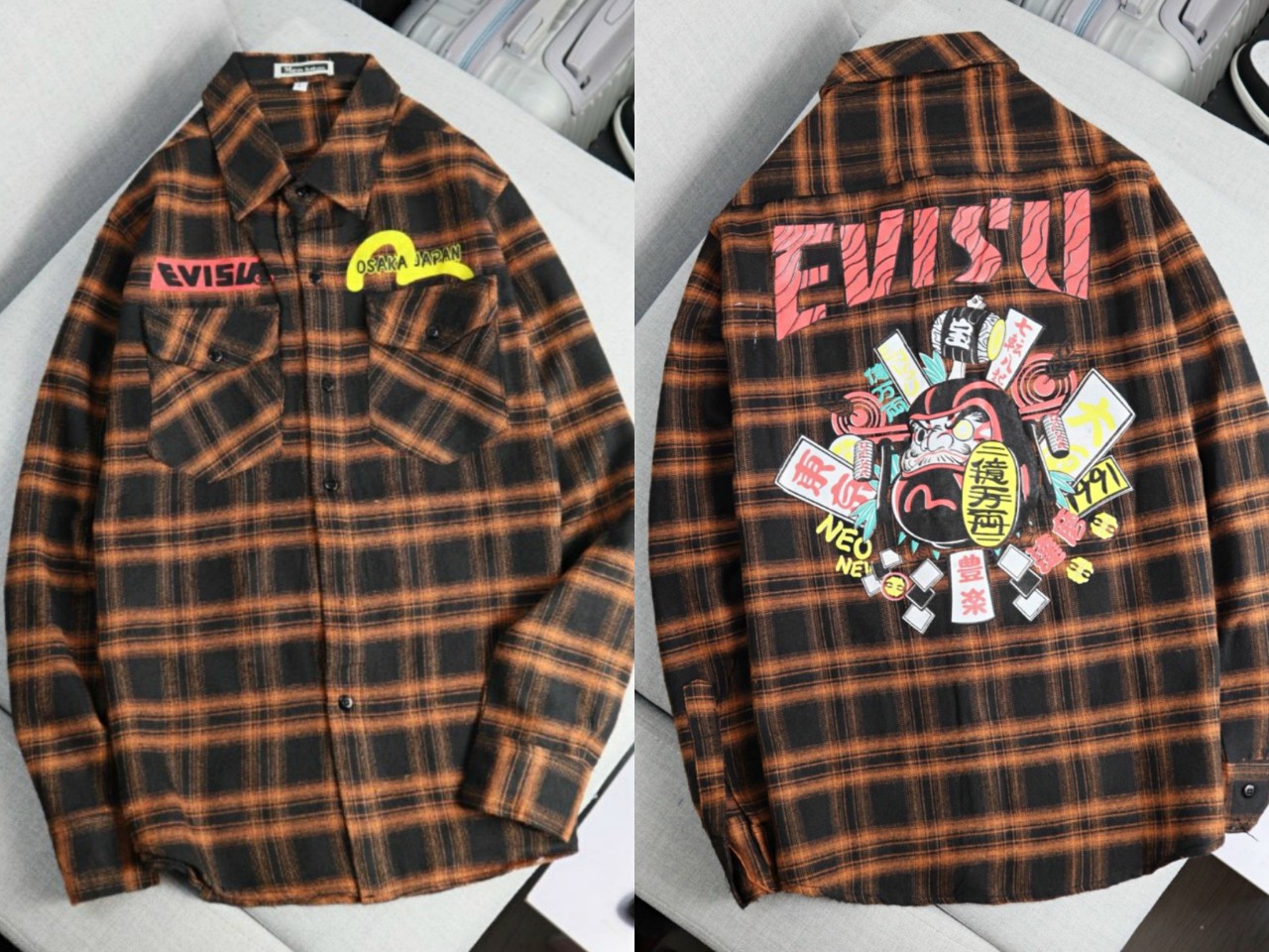 Áo sơ mi nam caro tay dài vải nỉ in EVISU thời trang - MS619