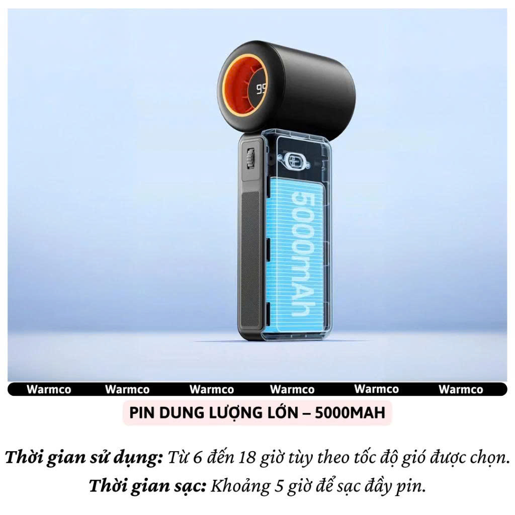 Quạt Cầm Tay Warmcro 5000mAh – 100 Cấp Gió Siêu Mát, Pin Trâu, Nhỏ Gọn Mang Theo Mọi Nơi - Hàng Nhập Khẩu