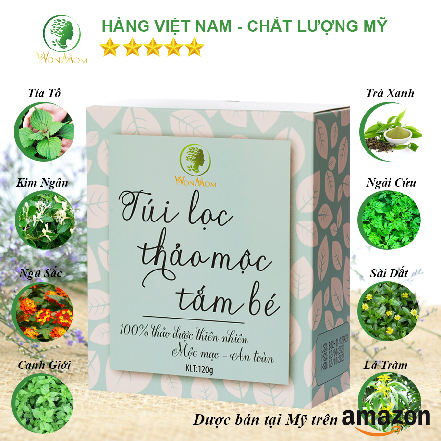 Túi lọc thảo mộc tắm bé ngăn ngừa rôm sảy, dưỡng da và tóc bé mềm mại Wonmom 120g ( 10 Túi/ Hộp )