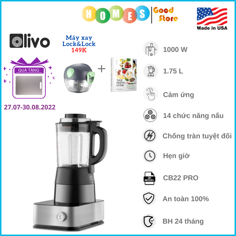 Máy Nấu Sữa Hạt, Máy Làm Sữa Hạt OLIVO CB22 PRO Thương Hiệu Mỹ Gồm 14 Chức Năng Xay Nấu Với Khả Năng Chống Trào Dung Tích 1.75 Lít Công Suất 1000 W - Hàng Chính Hãng