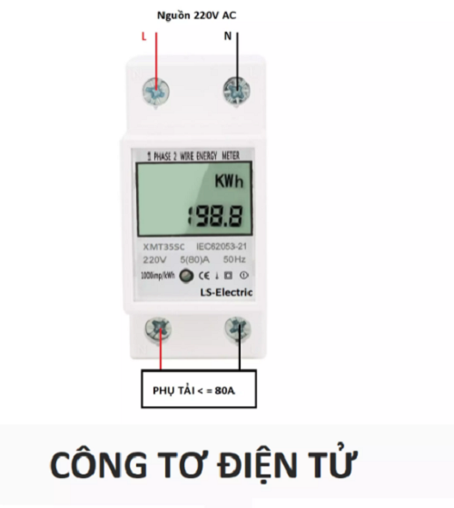 Công tơ điện tử đồng hồ điện thiết bị đo công suất LS-Electric 8A hiển thị 4 thông số U I P KWh độ chính xác cao