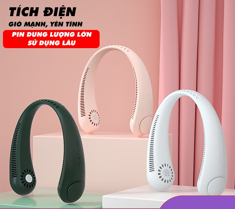 Quạt Đeo Cổ Tích Điện Mini 3 Chế Độ Gió, Dung Lượng Pin Lớn 3000mAh, Quạt Không Cánh USB Tiện Lợi, Không Cuốn Tóc, Thời Gian Sử Dụng Đến 10 Giờ