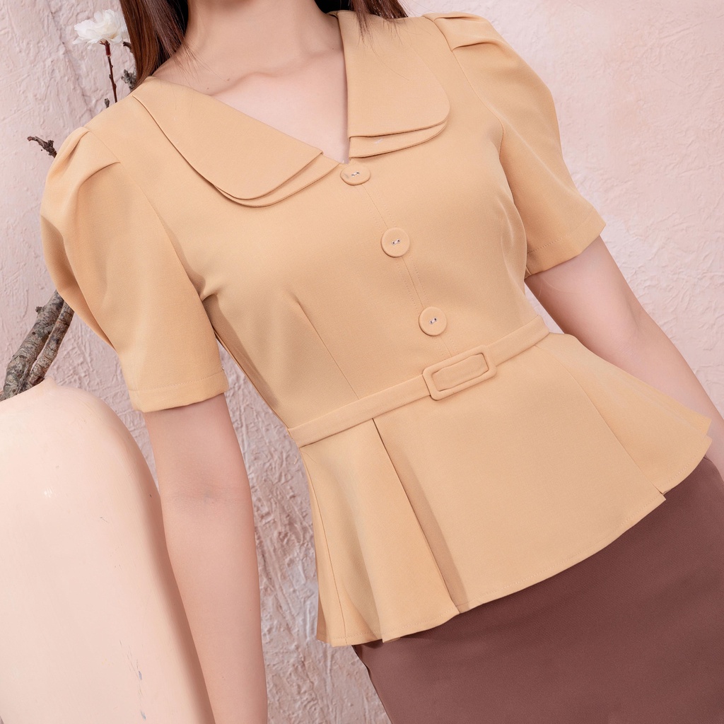 Áo Sơ Mi Peplum Nữ Công Sở UK Fashion Thiết Kế Cổ Kép Lịch Lãm, Chất Vải Mát, Co Giãn Nhẹ Và Mềm Mịn NKFSM2202017