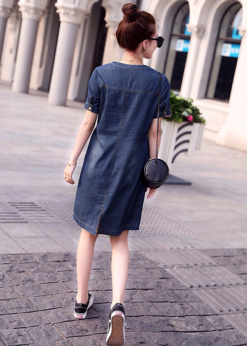 Đầm Jean Nữ Ngắn Tay Phối Dây Chéo Ngực