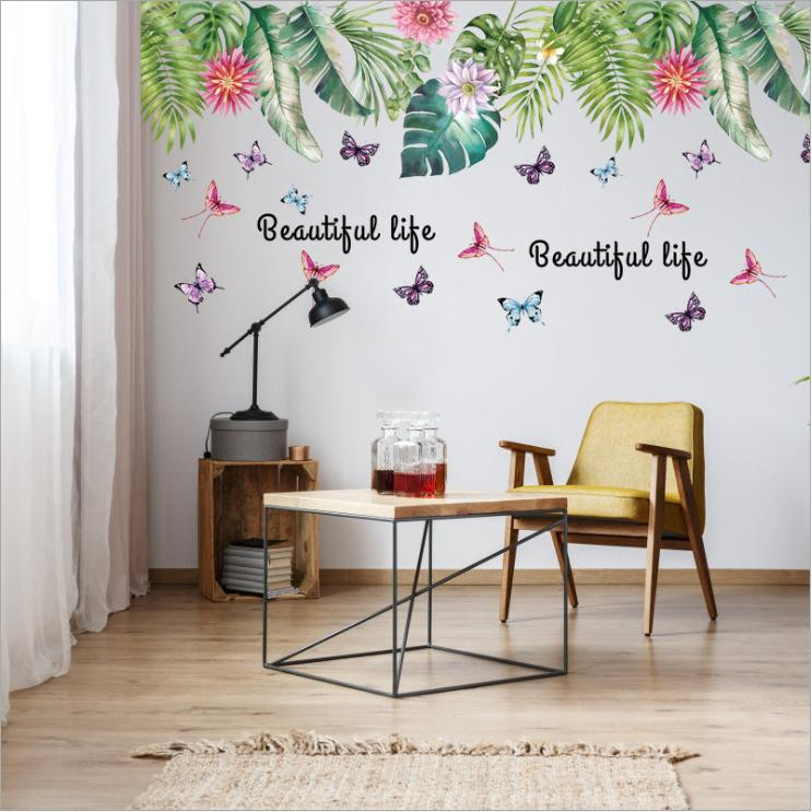 Decal dán tường Giàn lá hoa và bướm đủ màu phong cách Hàn Quốc