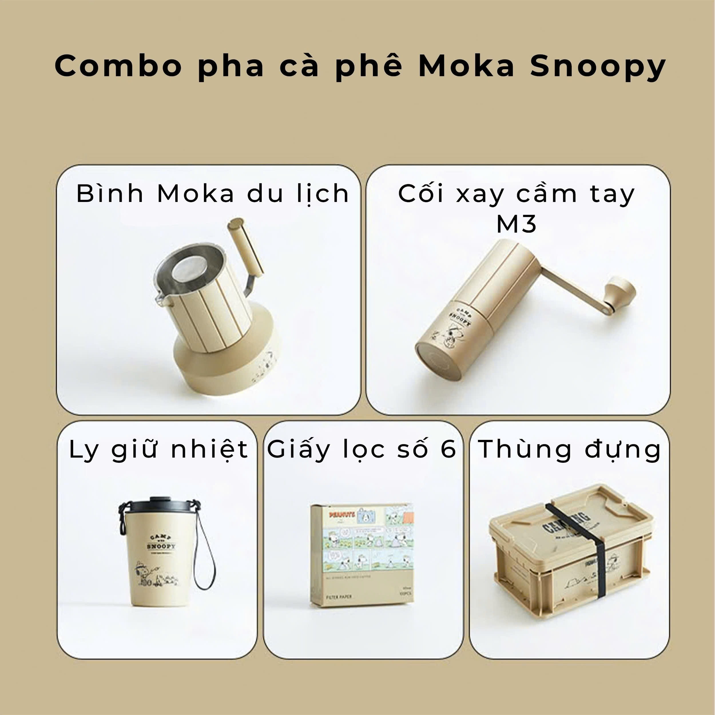 Bộ combo camping pha cà phê moka SNOOPY dã ngoại phượt có thùng Cafede Kona
